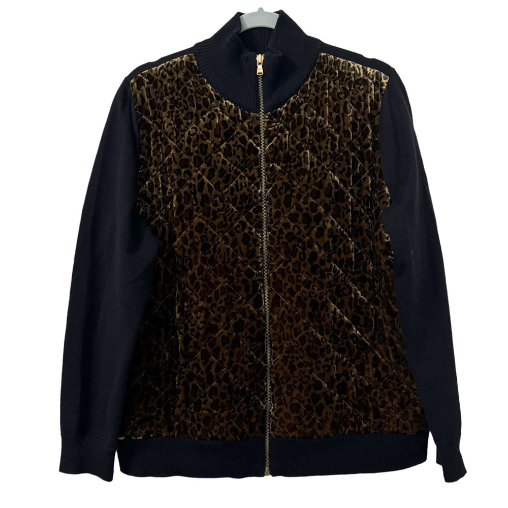 Ralph Lauren Quilted Silk Velvet Leopard &‎ Black Wool Zip Sweater Jacket 2X